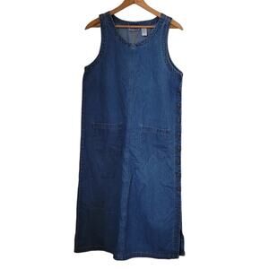 Sleeveless Crew Neck Pocketed Side Button Denim Dress Western Cottage Core- M